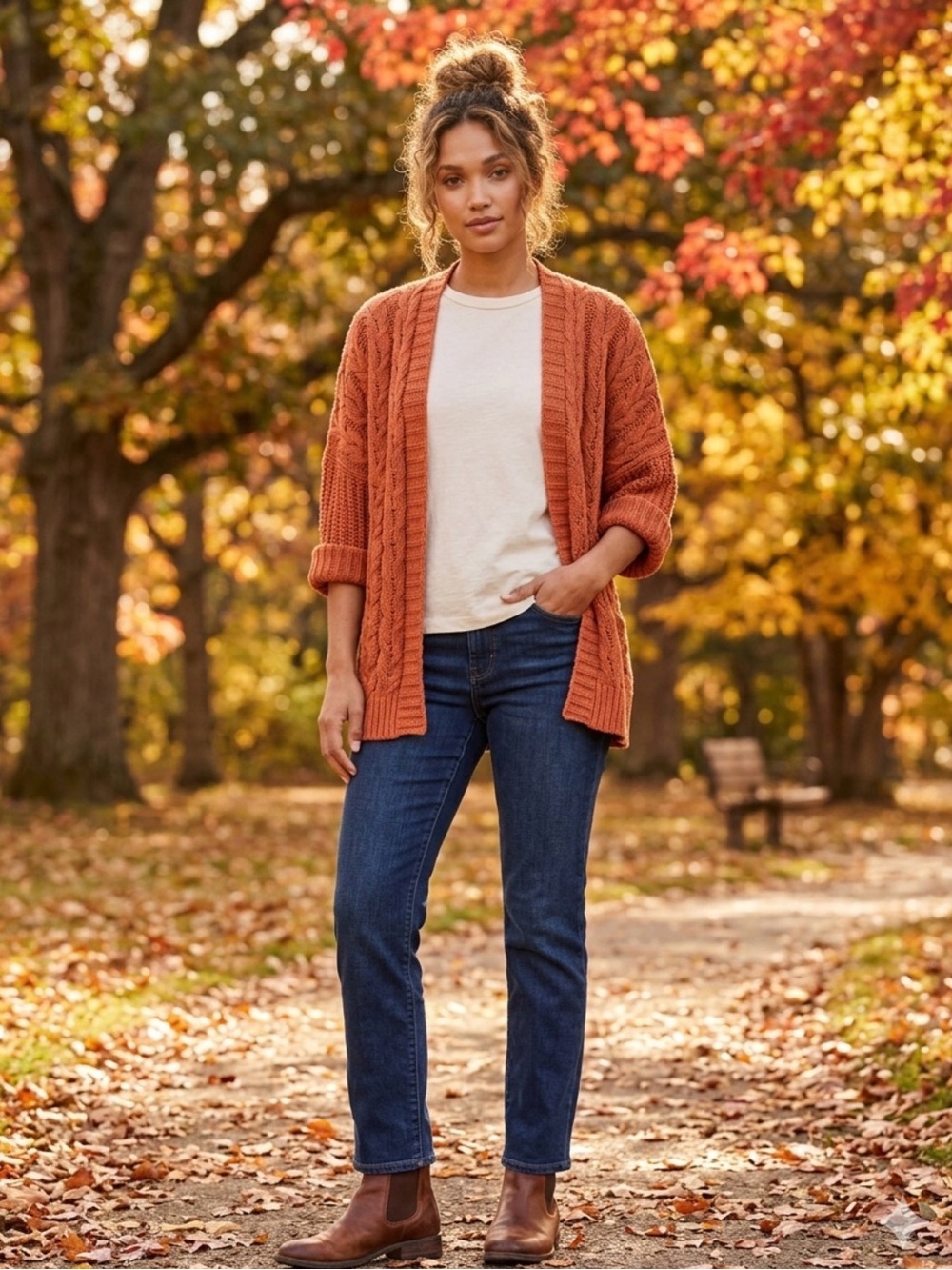 Umgee Cable Knit Open-Front Cardigan - Burnt Orange